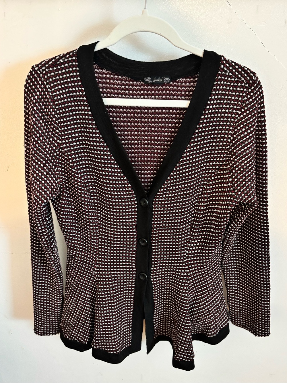 Finesse Burgundy and Black Patterned V-Neck Peplum Cardigan